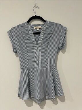 Monteau Blue & White Striped V-Neck Peplum Tunic